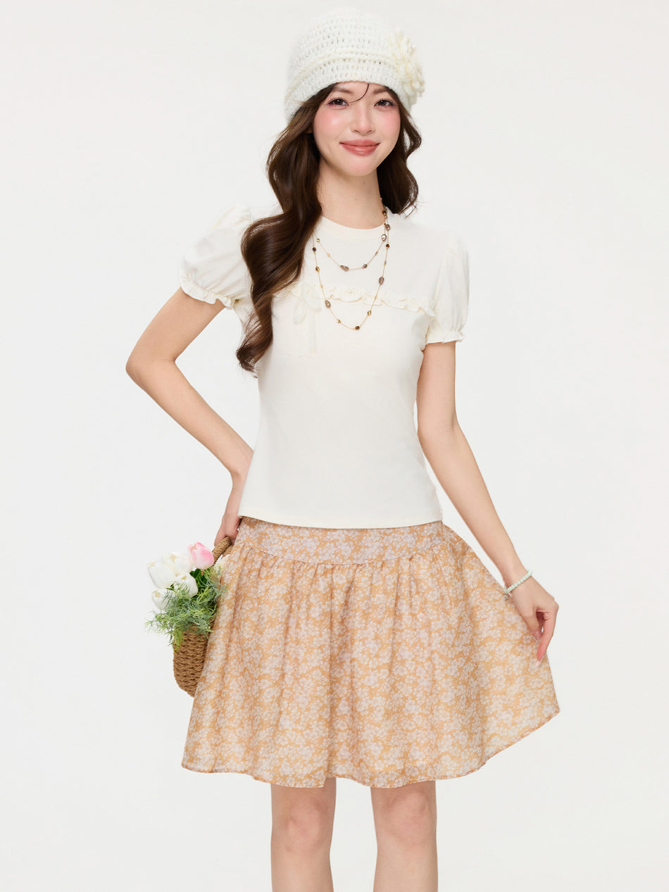 French Puff Sleeve Wooden Ear Stitching T-Shirt Women