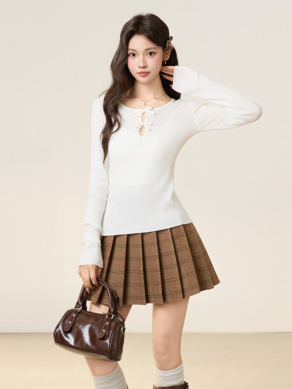 White Bow Round Neck Knit Top Women Slim Inner Wear