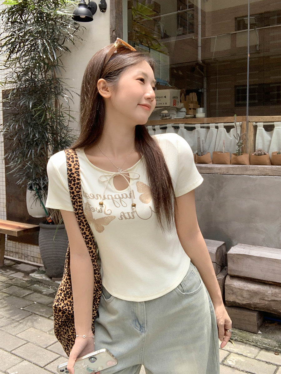 Apricot Bow Print Lace-Up T-Shirt Women Summer