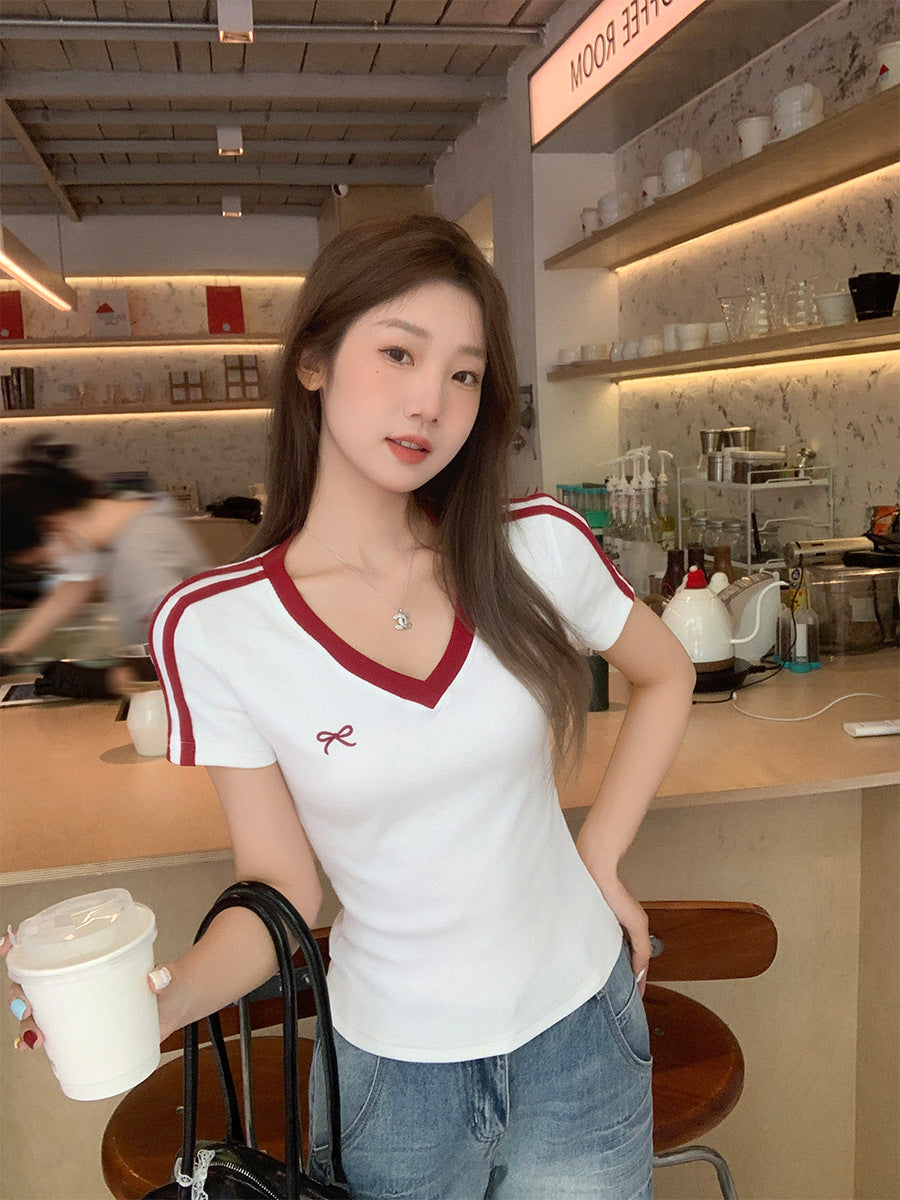 Butterfly Embroidered V Neck Slim T-Shirt Women Summer