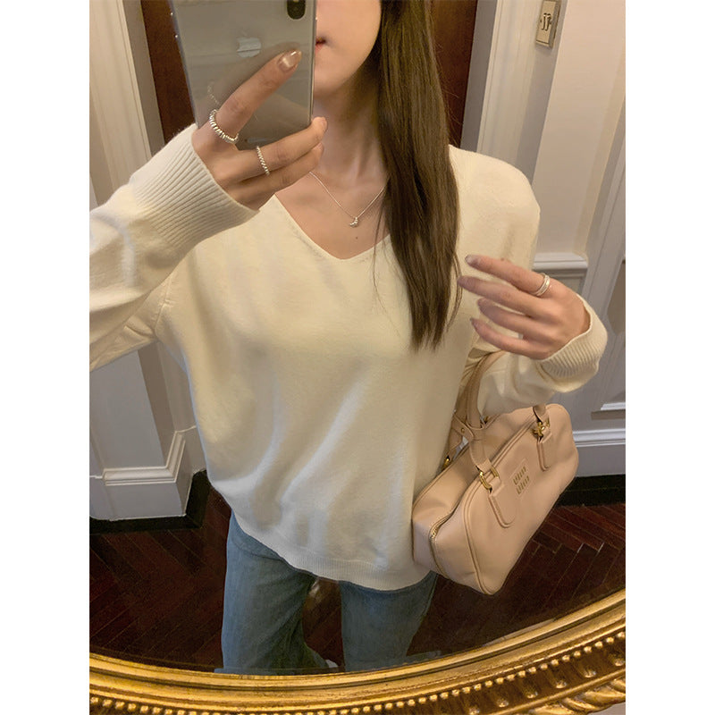 Apricot V Neck Thick Knit Sweater Women Winter Top
