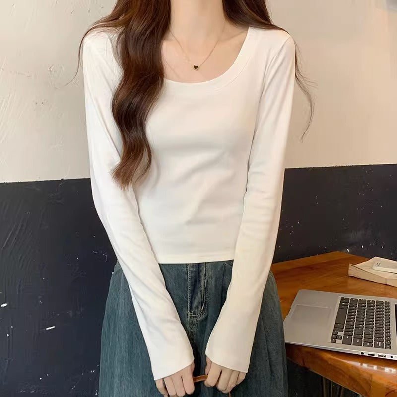 White Shoulder Long Sleeve Crop T-Shirt Women Autumn