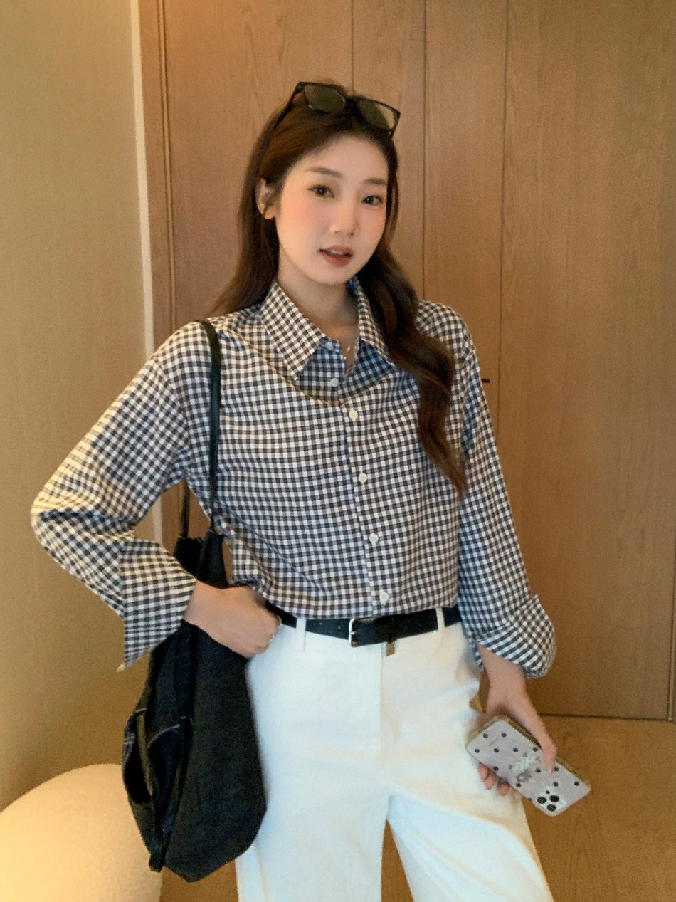 Black White Checkered Polo Collar Embroidered Long Sleeve Shirt Women Autumn 2026
