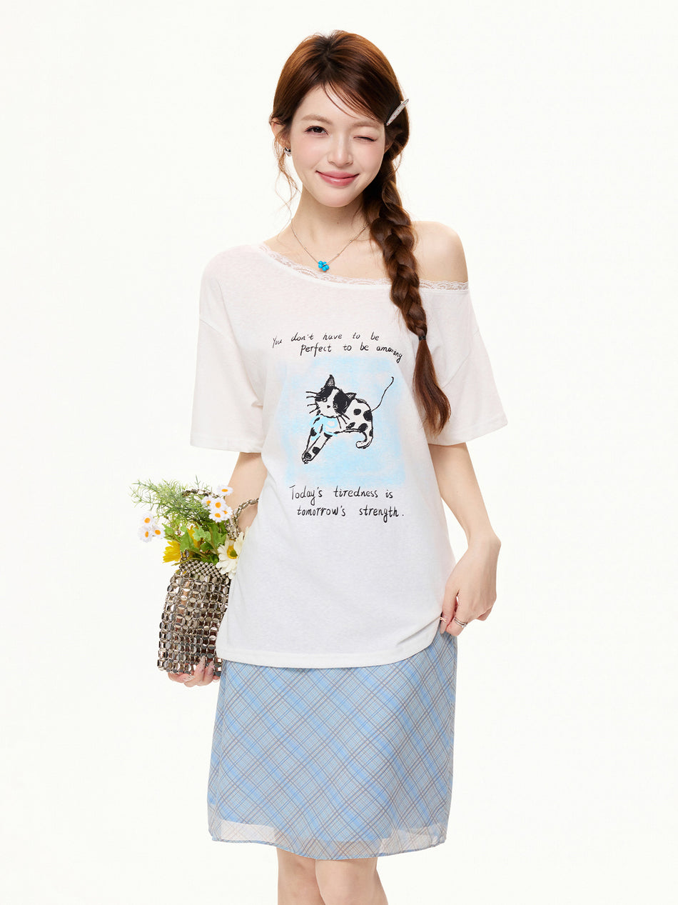 White Cat Print Off-Shoulder Women Summer T-Shirt