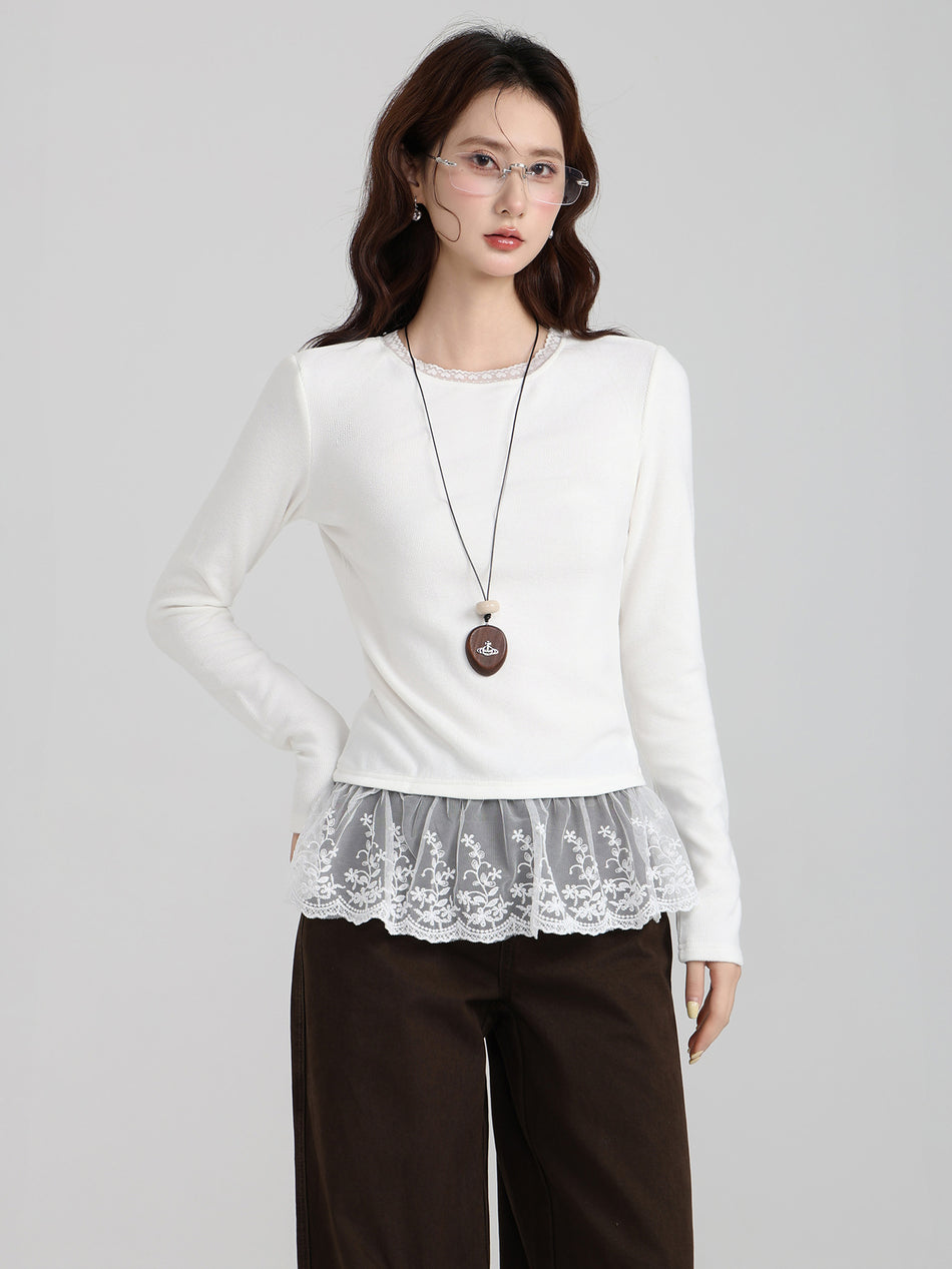 White Lace Hem Women Thick Base Layer Long Sleeve Top