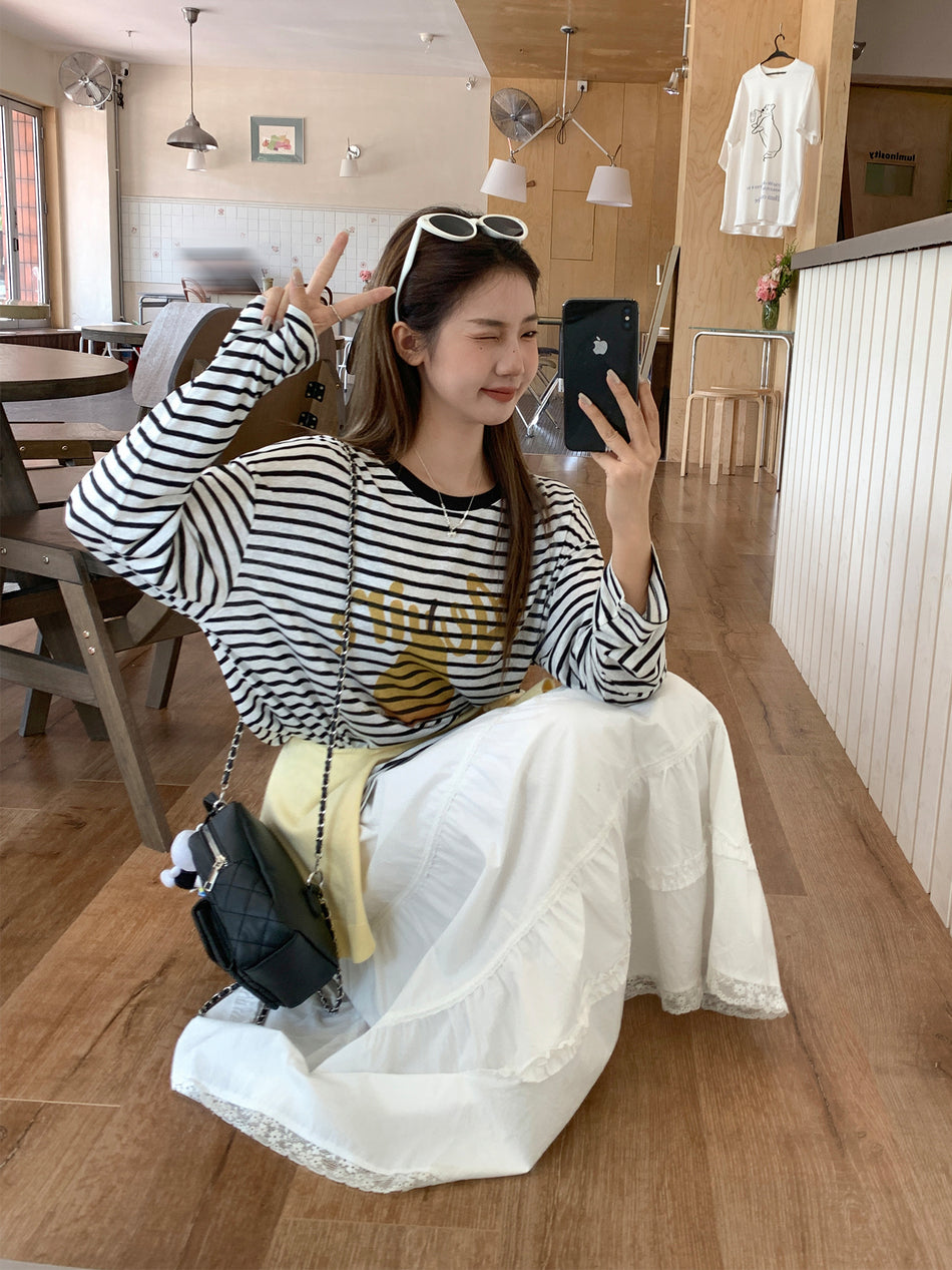 Black White Stripe Women Long Sleeve Printed T-Shirt