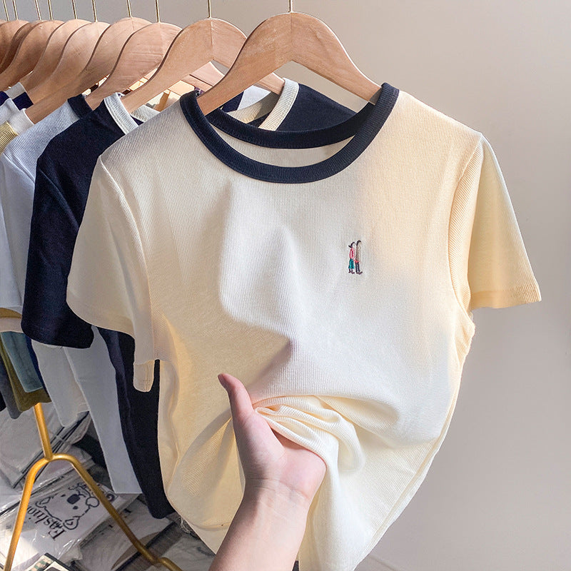 Apricot Embroidered Women Waffle Summer T-Shirt 2026