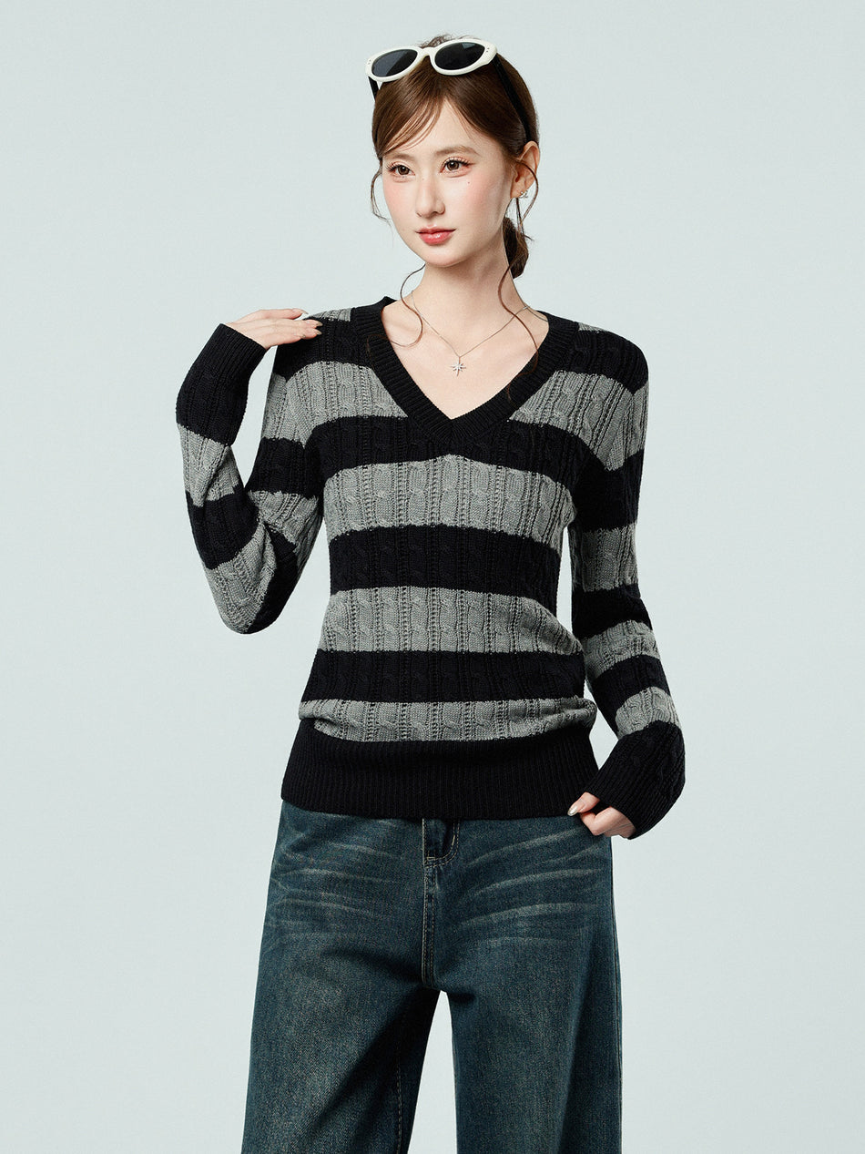 Black Gray Striped V Neck Women Knit Sweater 2026