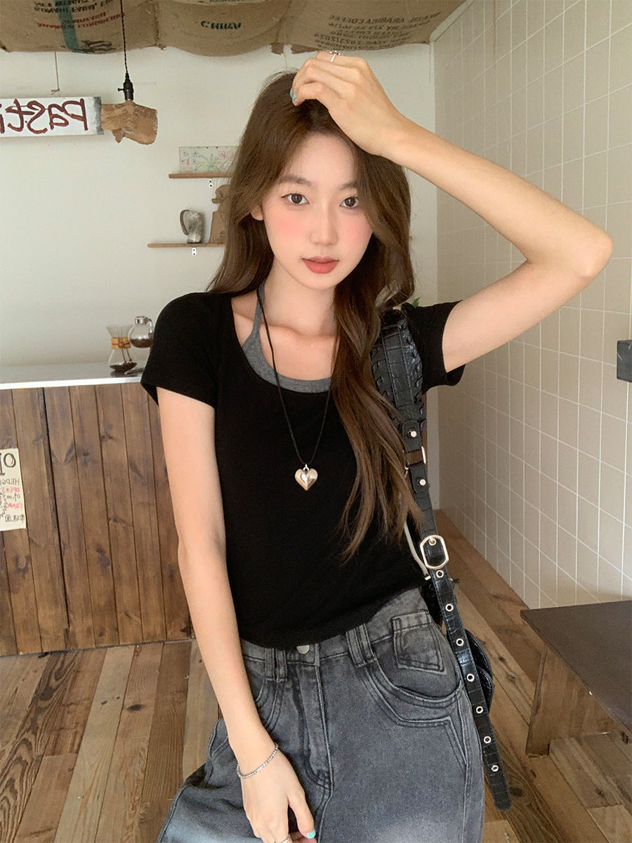 College Style Fake Two Piece Women Summer T-Shirt 2026