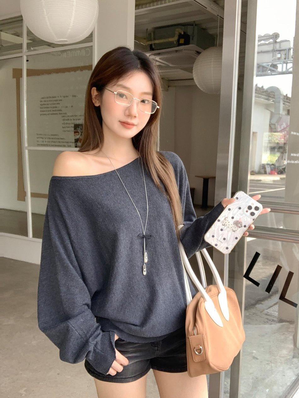 Gray Off Shoulder Women Knit Sweatshirt 2026 Autumn