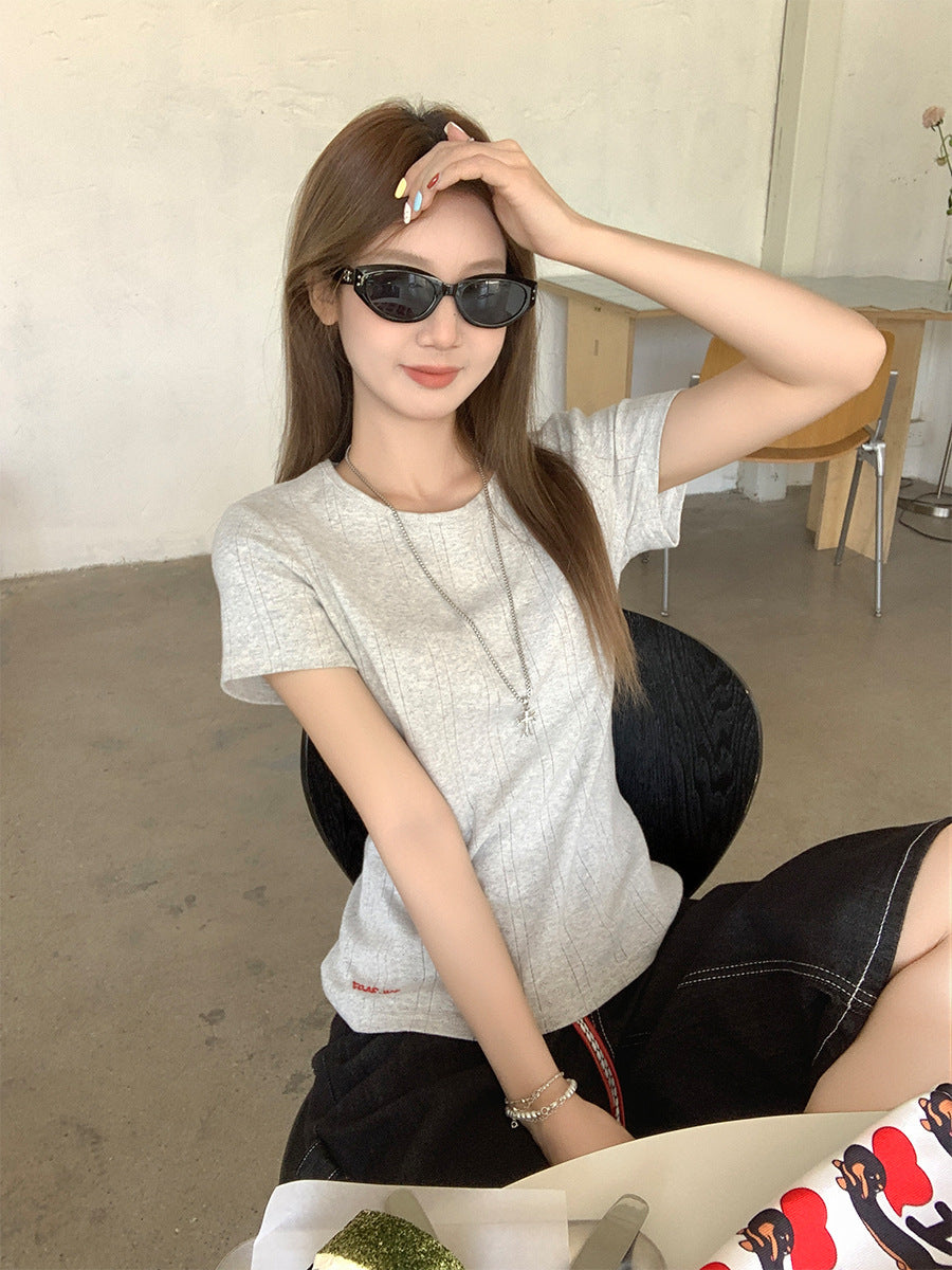 Grey Jacquard Letter Women Summer T-Shirt Top 2026