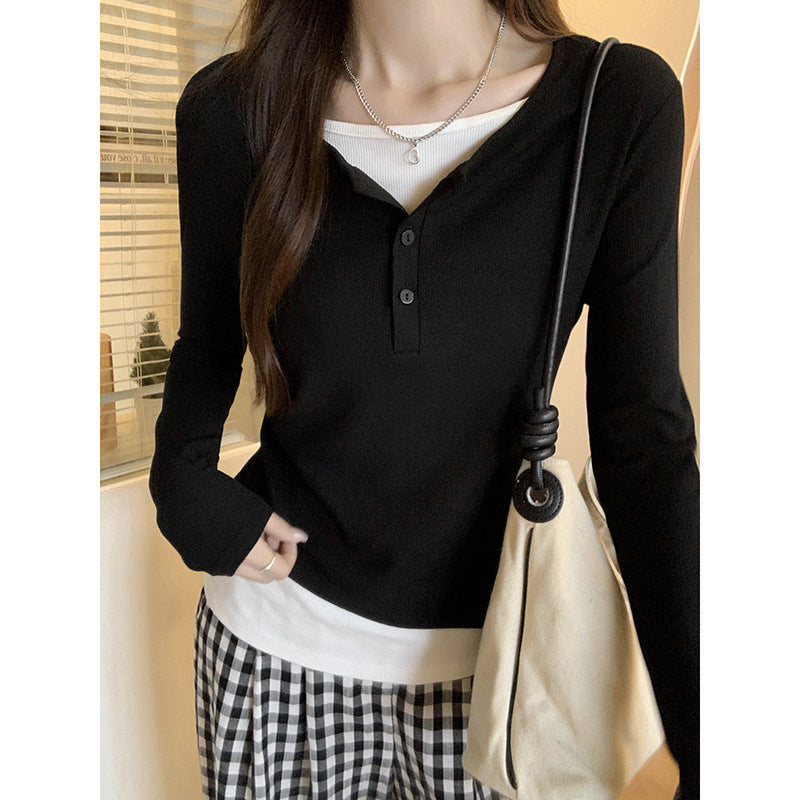 Contrast Stitch Women Fake Two-Piece T-Shirt Autumn Top