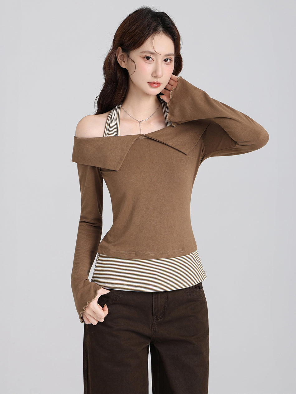Brown Off Shoulder Halter Women Slim Top 2026 Autumn