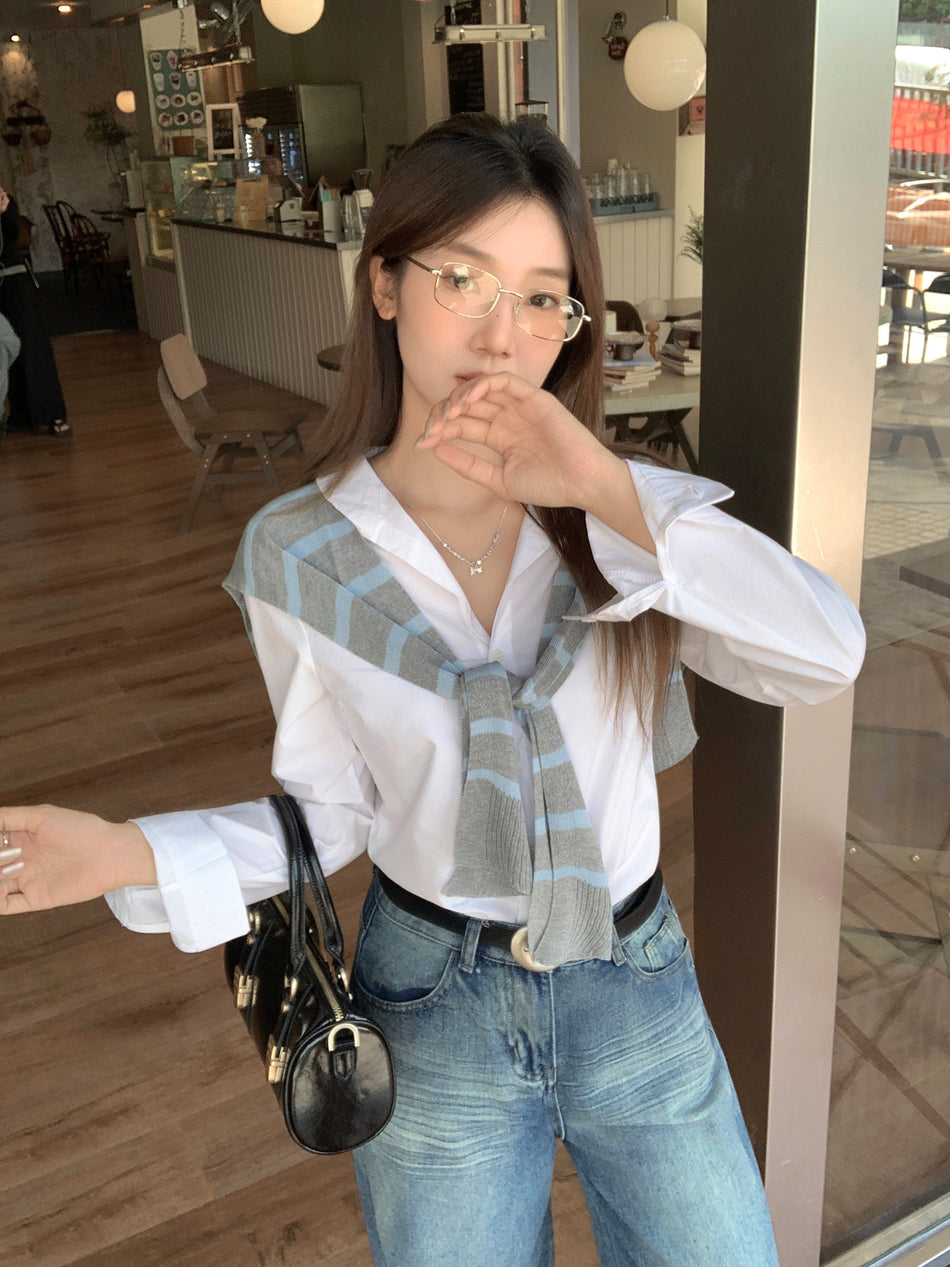 White V-Neck Women Shirt 2026 Autumn Elegant Top