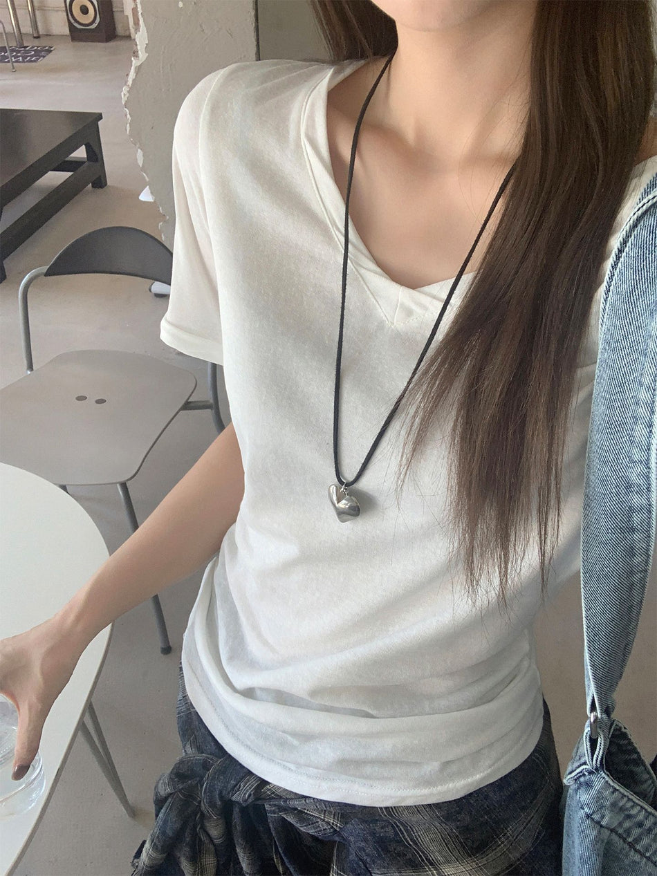 White V-Neck Pleated Shoulder Women T-Shirt 2026