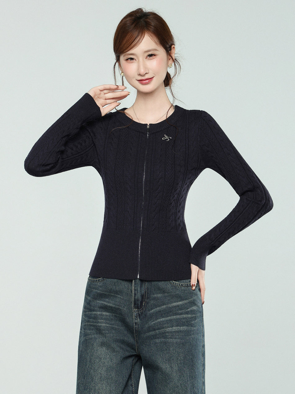 Dark Blue Twist Knit Sweater Coat Women Winter Cardigan