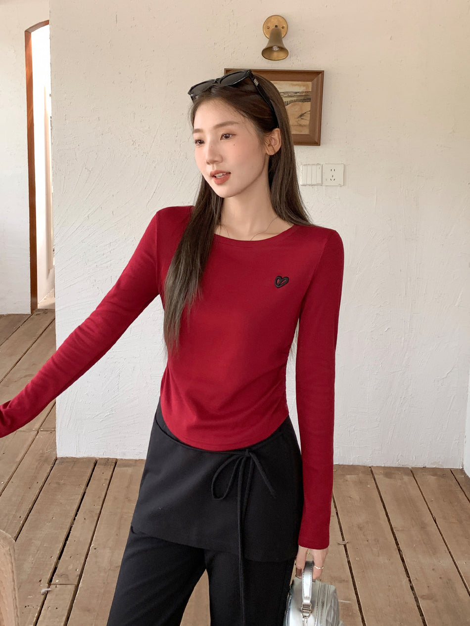 Burgundy Heart Embroidery Ruched T-Shirt Women 2026