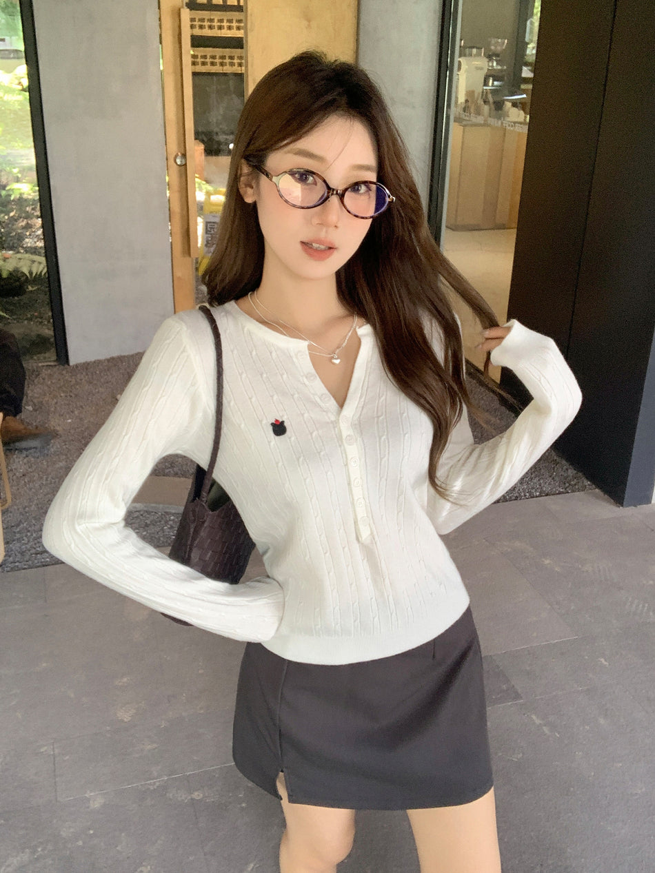 White Embroidered Knit Slim Long Sleeve Top Women 2026
