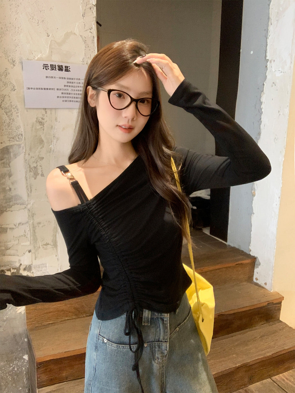 Black Asymmetrical Shoulder Slim T-Shirt Women 2026