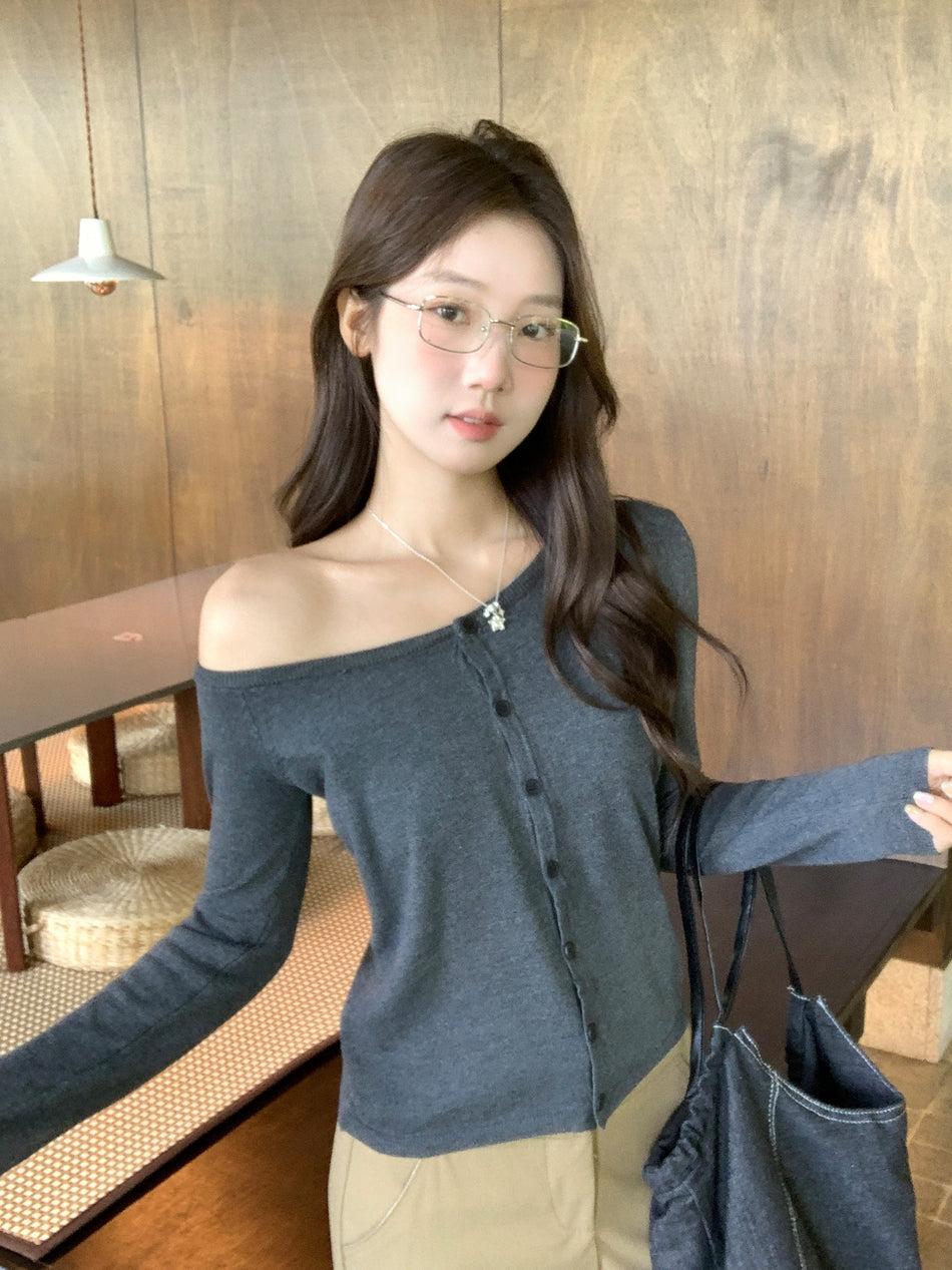 Dark Gray Off-Shoulder Knit Cardigan Women Fall 2026