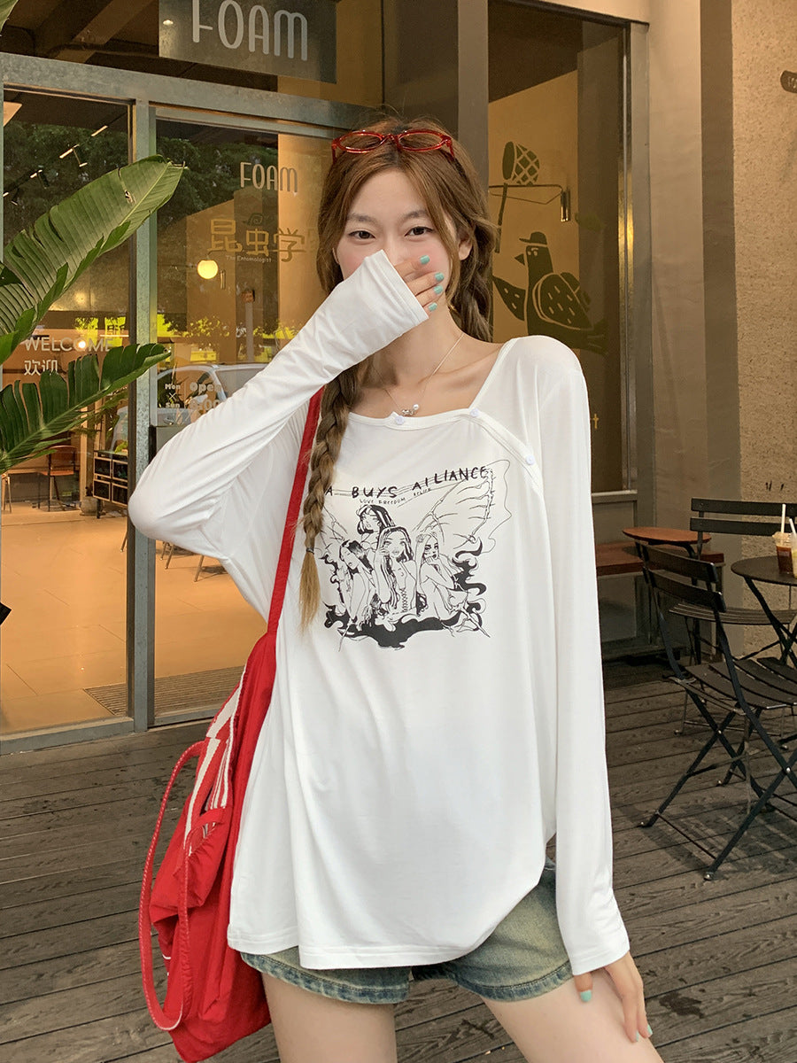 White Anime Print Sun Protection Top Women Summer 2026