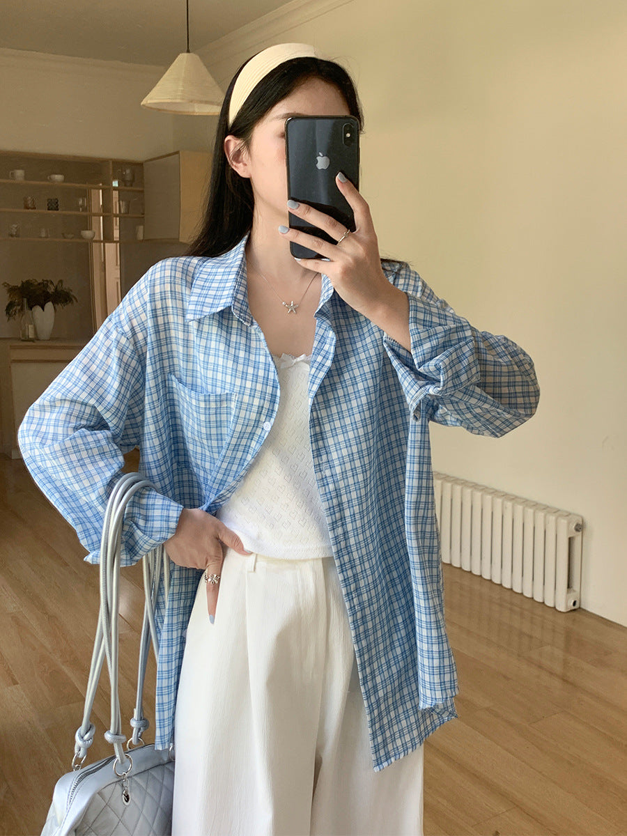 Women’s Blue Plaid Loose Fit Long Sleeve Shirt