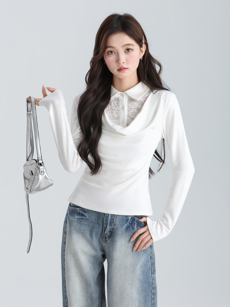 Women’s Lace Polo Collar Slim Fit Long Sleeve Top