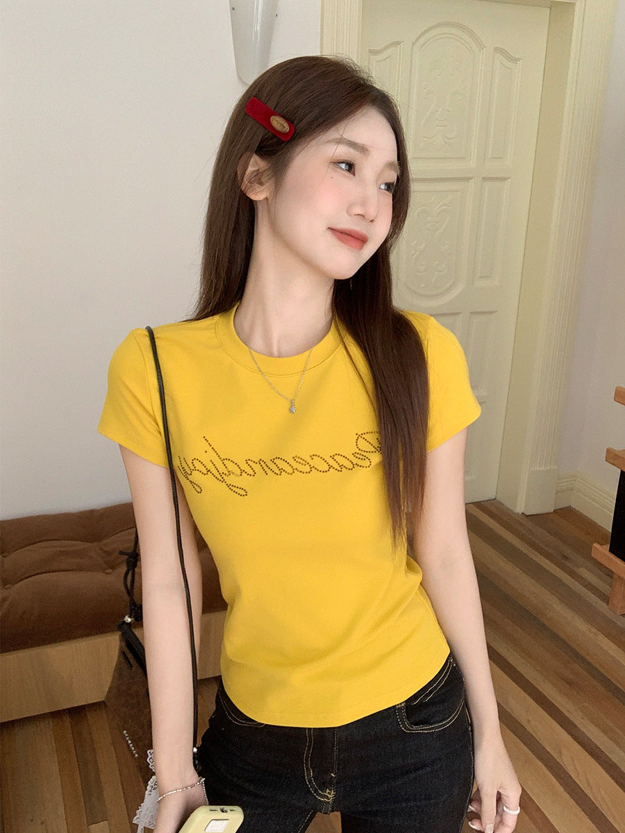 Women’s Yellow Rhinestone Letter Slim Fit T-Shirt