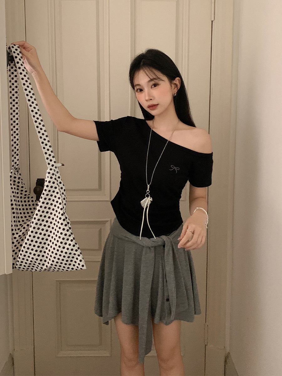 Women’s Slant Shoulder Slim Fit Pleated T-Shirt
