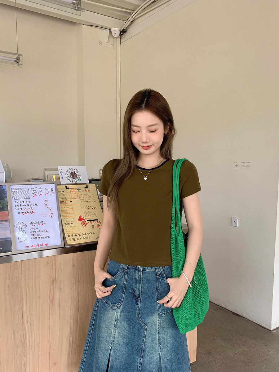 Women’s Green Slim Fit Round Neck Crop T-Shirt