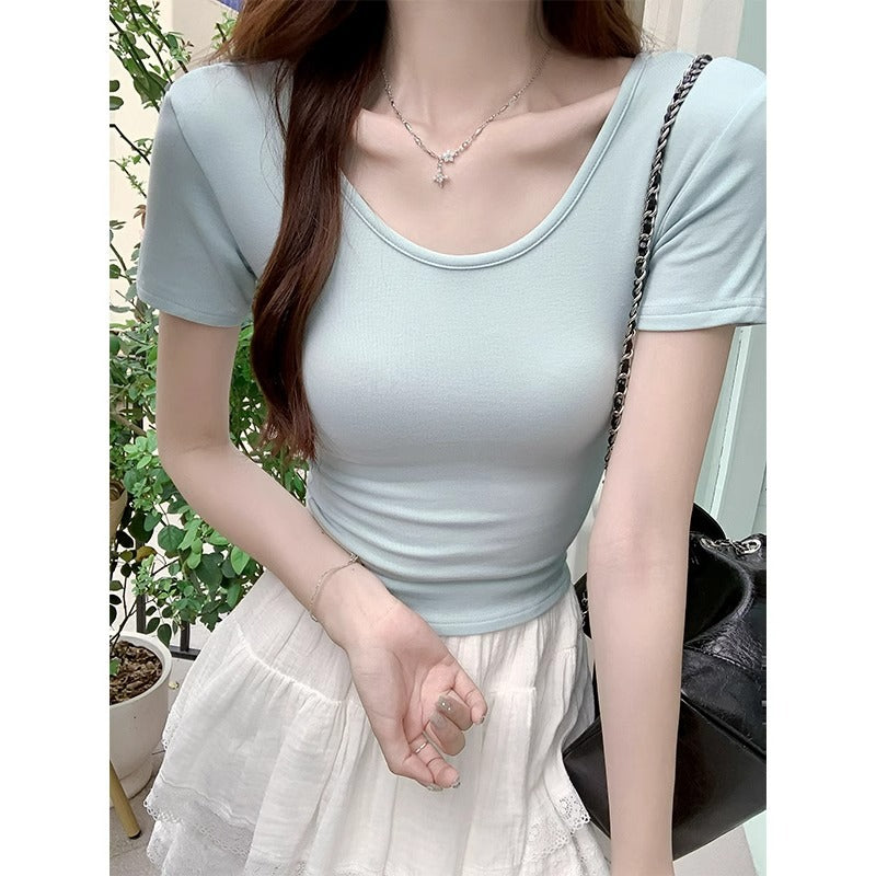 Women’s Solid Color Big Neck Slim Fit T-Shirt