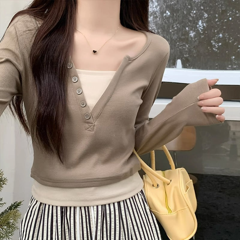 Women’s V Neck Contrast Stitch Slim Fit Long Sleeve Top