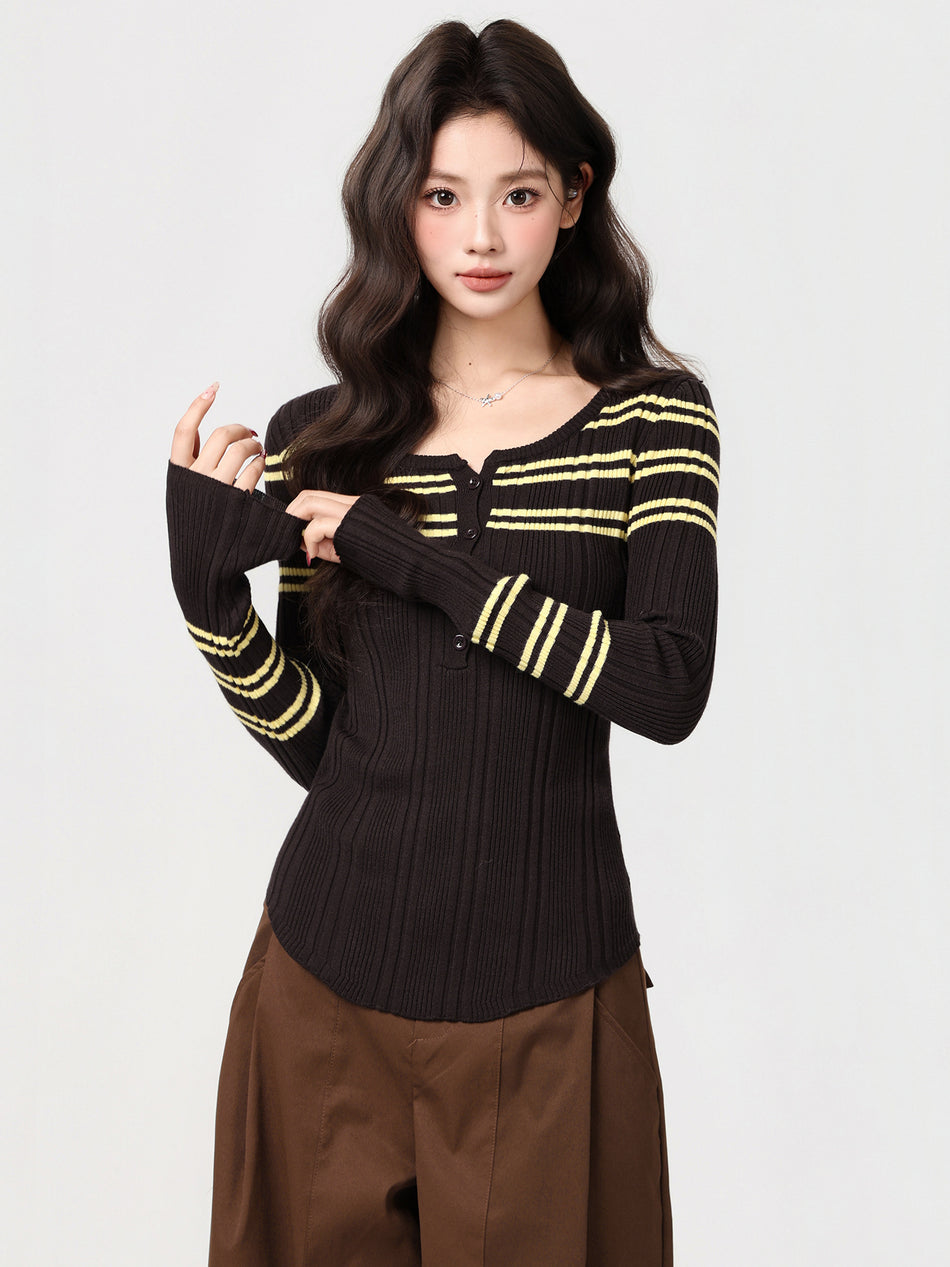 Women’s Coffee Striped Knit Slim Fit Winter Sweater