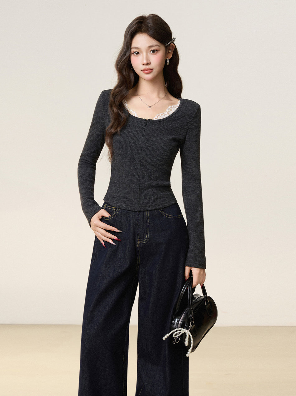 Gray Lace V-Neck Fleece Top for Women 2026 Winter