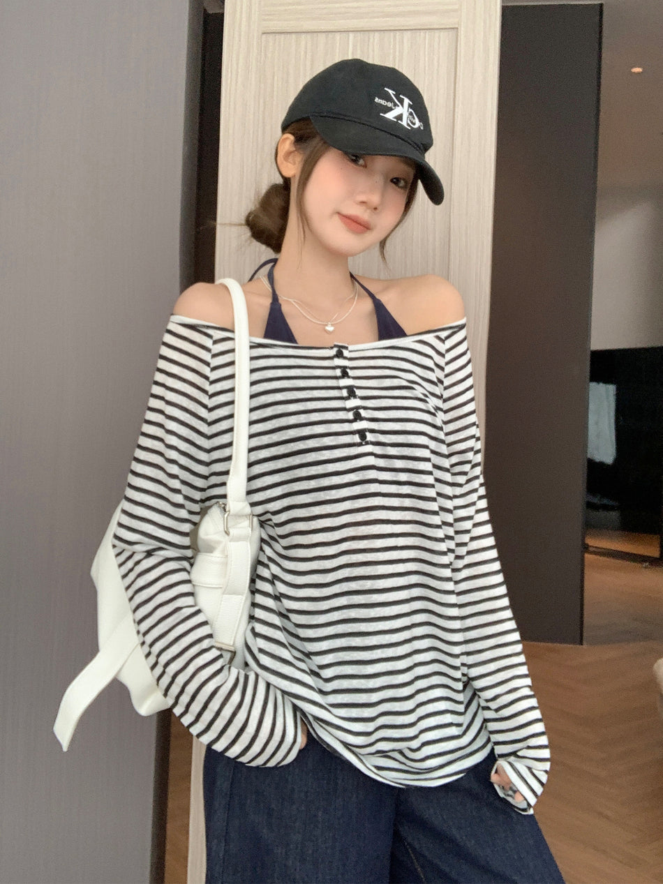 Black White Striped Off-Shoulder Top for Women 2026