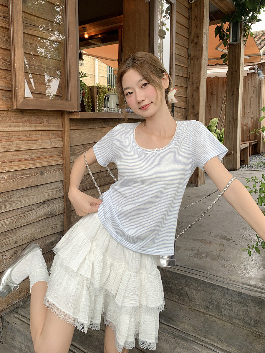 Blue White Striped Bow Loose T-Shirt for Women 2026