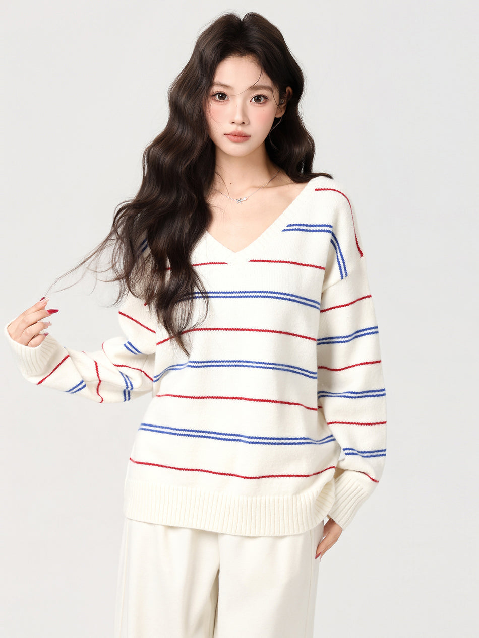 Apricot V-Neck Striped Knit Top for Women 2026 Winter