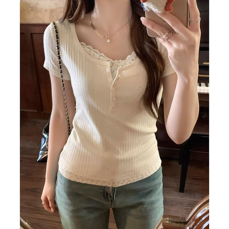 Floral U-Neck Slim Fit T-Shirt Women 2026 Summer