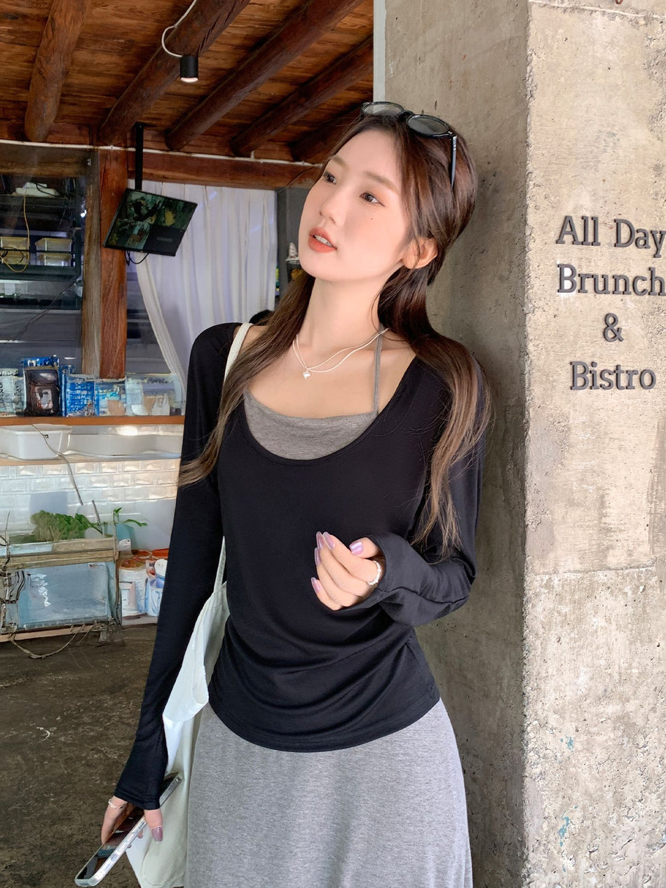 Black Large Neck Pleated Waist Top Women 2026 Autumn