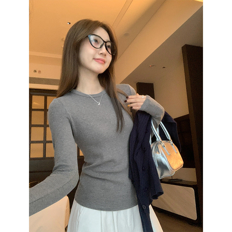Grey Slim Base Shirt Women Round Neck Winter Inner Top