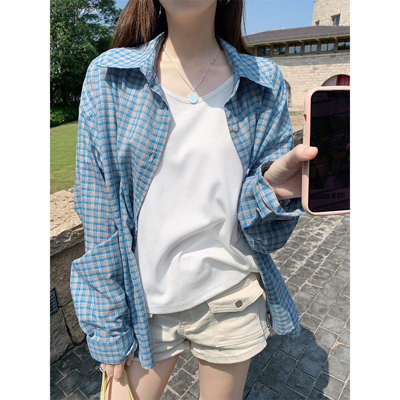 Blue Plaid Loose Shirt Women Sun Protection Jacket