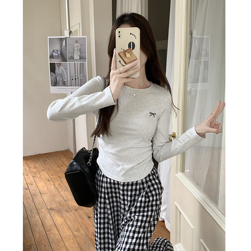 Butterfly Embroidered Slim Base Shirt Women Autumn Top