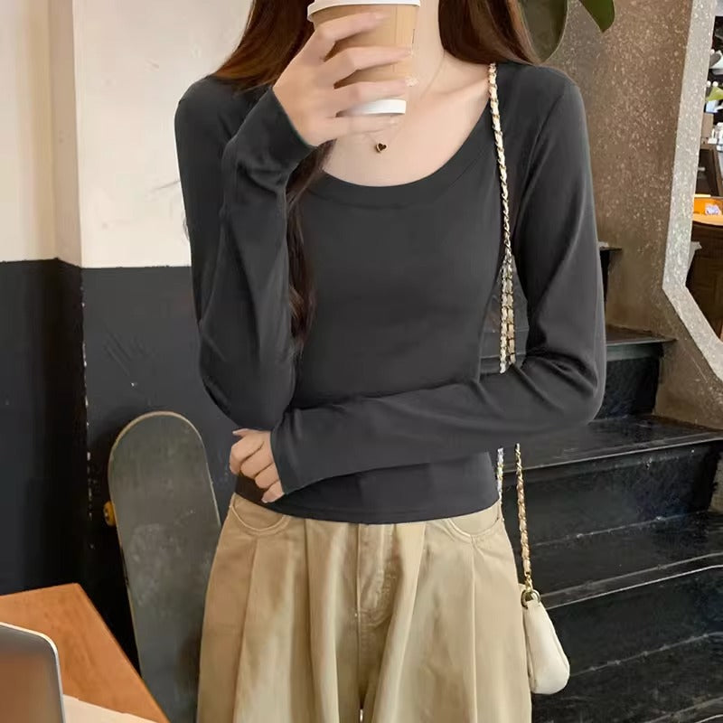 Cotton Slim Round Neck Long Sleeve Women Autumn Top