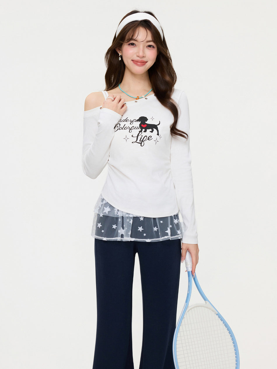 White Off Shoulder Pleated Waist Women Spring Top