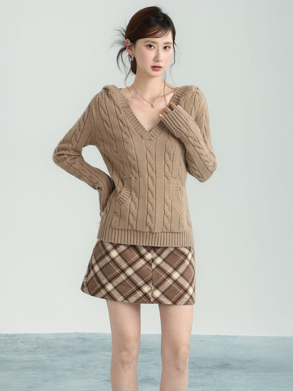 V-Neck Hooded Knit Sweater Women Winter Base Top