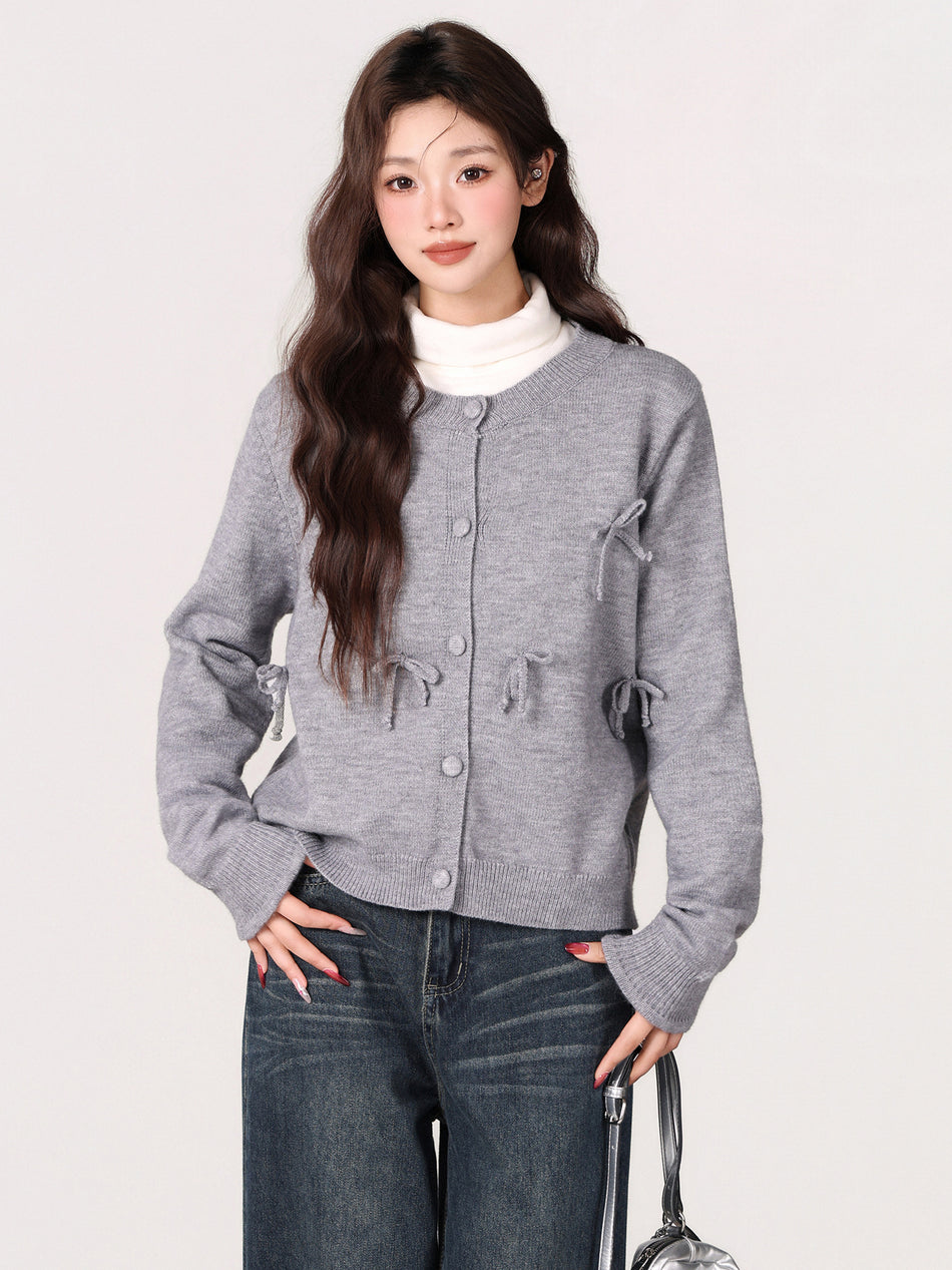 Bow Knit Sweater Women Round Neck Winter Outer Top