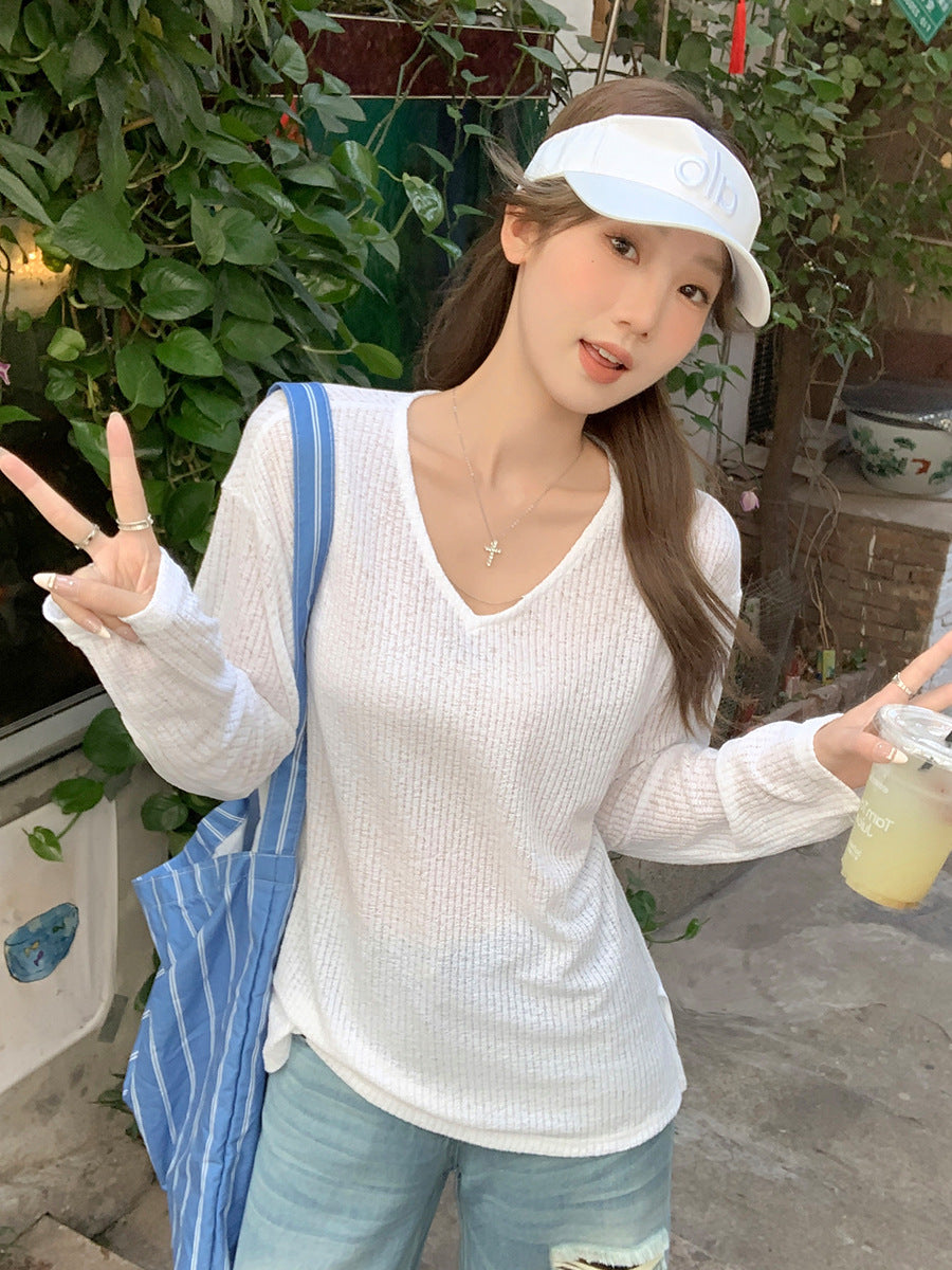 White V-Neck Slim Fit Long Sleeve Summer Blouse Women