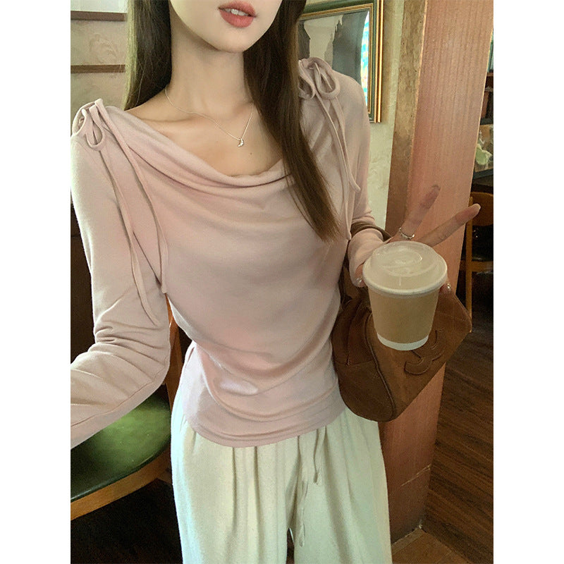 Apricot Off-Shoulder Bow Long Sleeve T-Shirt Women 2026
