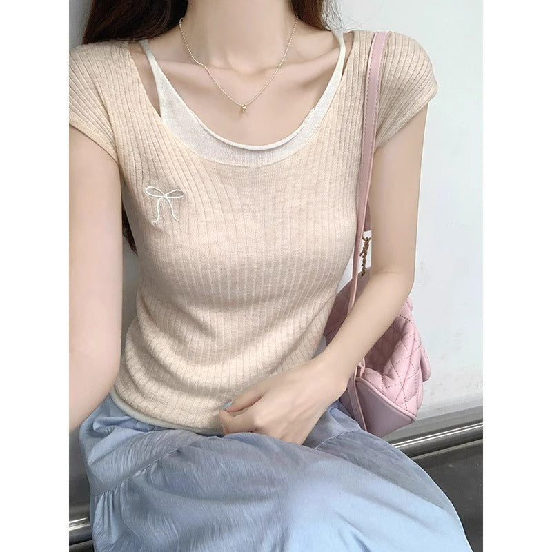 Bowknot Embroidered Slim Colorblock T-Shirt Women