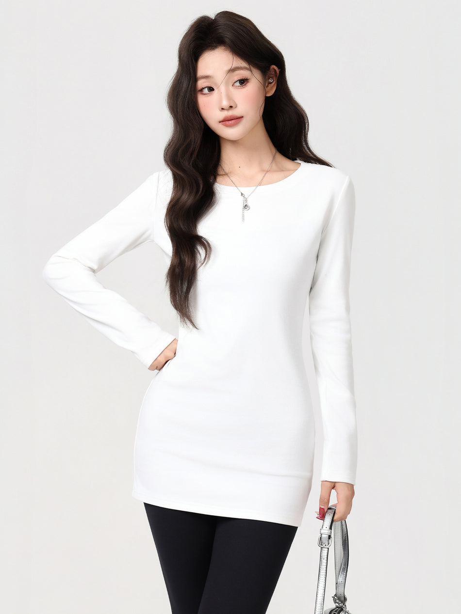 Velvet Inner White Long Sleeve Warm Top Women